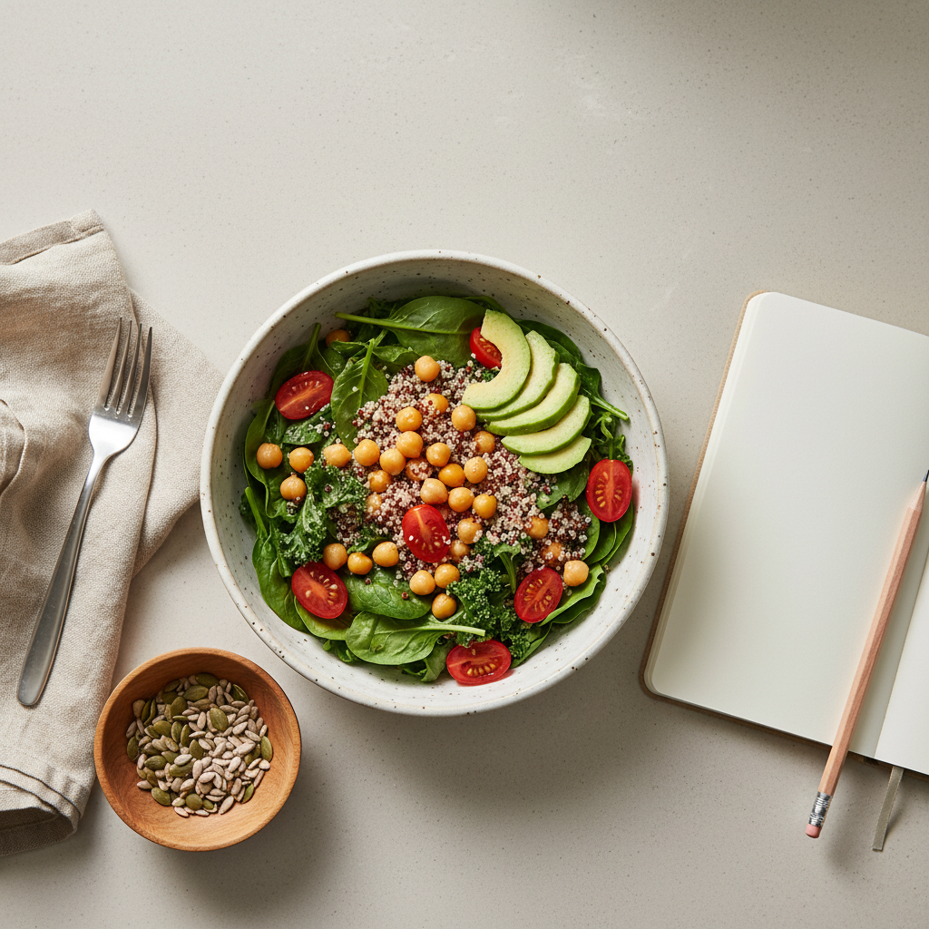 An overhead view of a tidy countertop set for mindful eating: a simple ceramic bowl filled with a colorful salad of leafy greens, cherry tomatoes, chickpeas, avocado slices, and quinoa, arranged thoughtfully rather than perfectly styled. A linen napkin, stainless steel fork, and a small wooden bowl of seeds sit nearby. A notebook with a blank page is open beside the bowl, suggesting gentle planning without strict rules. Diffused natural window light creates a soft, even illumination, with minimal shadows. Photographic realism, clean and modern aesthetic, with a balanced composition using the rule of thirds. The mood is reflective and unhurried, highlighting balance and awareness instead of dieting or restriction.