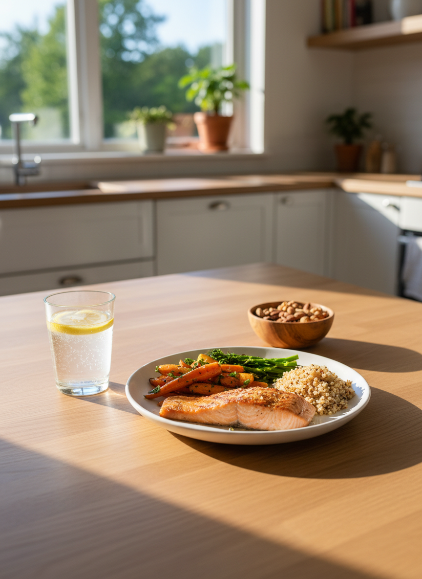 A large, clean wooden kitchen table arranged with a colorful balanced meal: a white ceramic plate neatly divided with grilled salmon, roasted vegetables in shades of orange and green, and a small portion of whole grains. Beside it, a clear glass of water with lemon slices and a small bowl of mixed nuts. The scene is set near a wide window with soft morning daylight pouring in, creating gentle highlights on the food and subtle shadows on the table. Photographic realism with an eye-level composition, sharp focus on the meal and a slightly blurred, airy kitchen background. The mood is calm, approachable, and professional, emphasizing sustainable, non-restrictive healthy eating.
